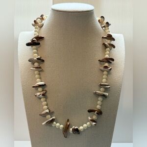 Vintage Les Bernard Beach Wedding Milk Glass & Brown Shell Beaded Necklace 25”